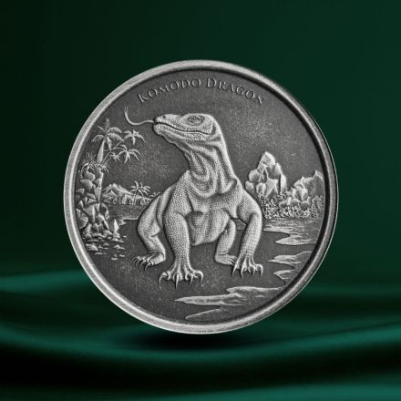 Detaljbilde av Tokelau Komodo Dragon sølvmynt 1 oz Antique, preget i 1 oz .999 Silver, ofte valgt av kunder som ønsker sølv til lav pris og god kvalitet.