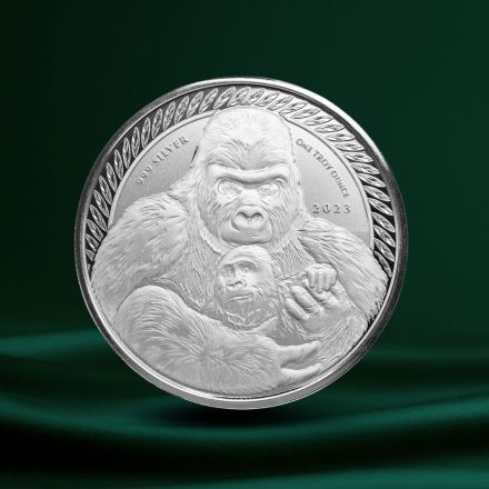 Detaljbilde av Congo Silverback Gorilla sølvmynt 1 oz, preget i 1 oz .999 Silver, ofte valgt av kunder som ønsker sølv til lav pris og god kvalitet.