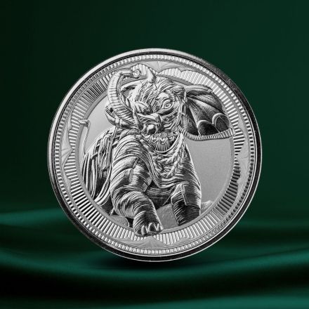 Presentasjonsfoto av Gibraltar War Elephant sølvmynt 1 oz i 1 oz .999 Silver, et godt valg for deg som vil kjøpe sølv billig uten å ofre detaljer.