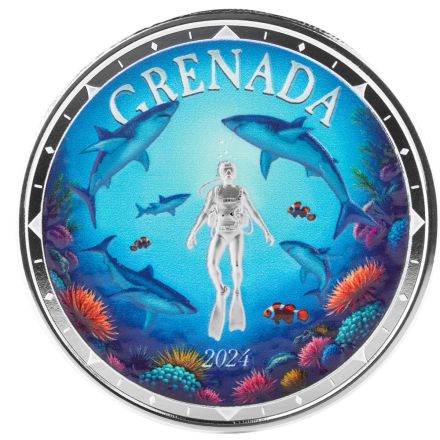2024 EC8 Grenada Shark Diver – 1 oz Sølvmynt (Fargetrykk)