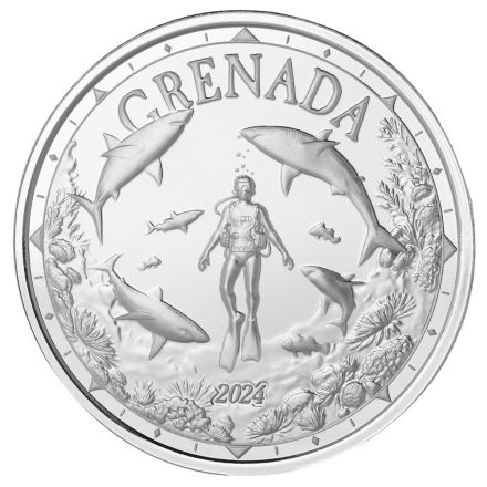 2024 EC8 Grenada Shark Diver – 1 oz Sølvmynt (Fargetrykk)