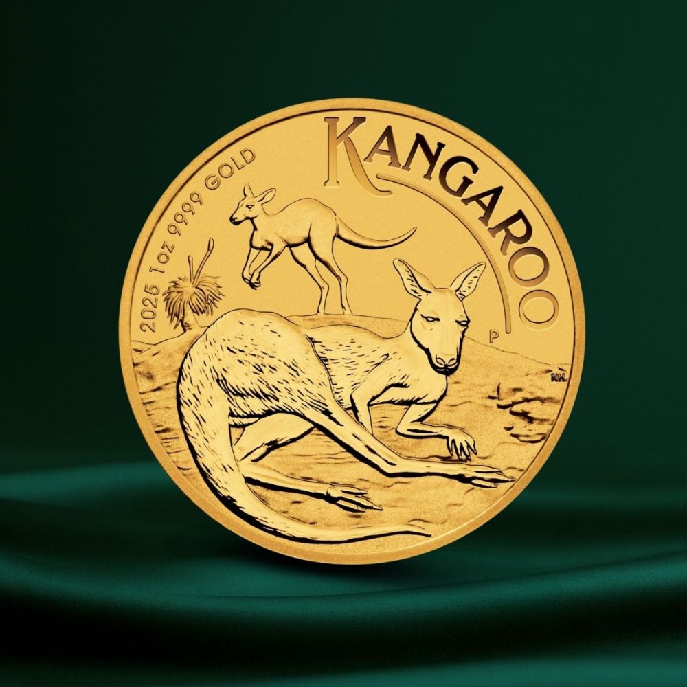 Forsiden av 2025 Australia 1 oz Gull Kangaroo gullmynt med portrett av Kong Charles III.